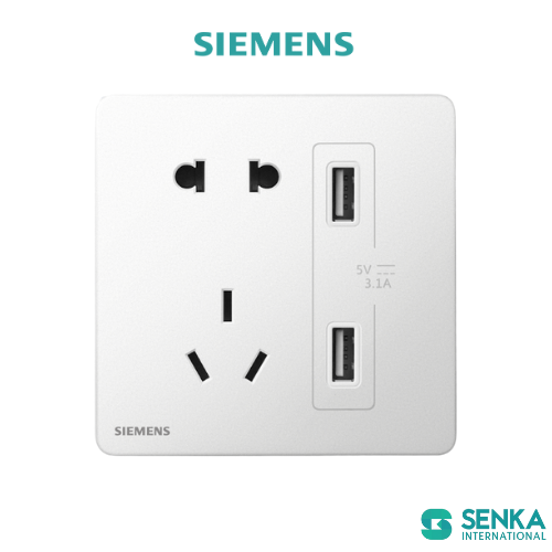 Ổ cắm 2 chấu + Ổ cắm 3 chấu kèm ổ cắm đôi USB 3.1A Incendo Siemens
